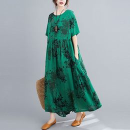 Oversized Women Vintage Print Casual Dress New Summer Arts Style Loose Comfortable Female Cotton Linen Long Dresses S3040 210412