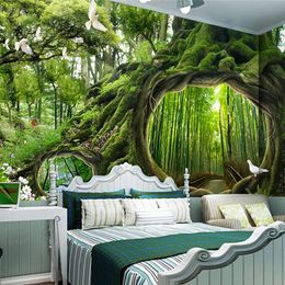 Custom 3D Photo Wallpaper Green Virgin Forest Tree Hole Stereoscopic Painting Living Room Bedroom Background Murales Waterproof