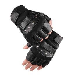 Men's Army Military Tactical Half Finger Leather Fitness Bike Sport Gym Exercise Men Black Rivets Punk Gloves G135