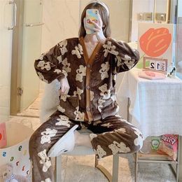 Women's Pajamas Winter Loose Warm Cardigan Flannel Suit Satin Sleep Cartoon Bear Cute Home Service 211215
