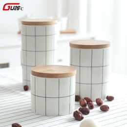 Round Plaid Sealed Ceramic Storage Jar For Spices Tea Coffee Can Tank Food Container Bottle With Lid For Kitchen Organiser 210330