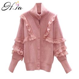 H.SA Women Spring Sweater and Cardigans Korean Knit Cardigans Ruffles Cute Sweater Tops Lace Single Breasted Sweaters 210716