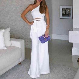 One Shoulder Summer Elegant Office Women Fashion Casual Jumpsuits Female Cut Out Wide Leg Jumpsuit Tie Waist Overalls 210517