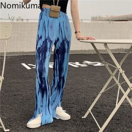 Nomikuma Tie Dye Printed Wide Leg Pants Women Casual Loose High Waist Trousers Summer Split Design Straight Pantalones Femme 210514