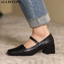 ALLBITEFO square toe genuine leather brand high heels party women shoes thick heels office ladies shoes spring women heels 210611