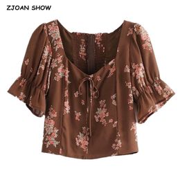 Vintage France Back Elastic Ruched Coffee Floral Print Shirt Bow Crop Tops Women Chiffon Short Puff Sleeve Blouse 210429