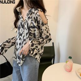 autumn long sleeve Turn down Collar leopard shirts women vintage loose dewshoulder Single-breasted Blouses female 210514