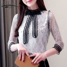 Blusas Mujer Women Tops 19 Casual Lace Short Sleeve Embroidery Chiffon Blouse OL Slim Floral Bow Female Shirt 5423 50 210508