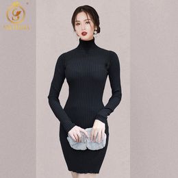 Korean Chic Style Slim Turtleneck Black Sweater Dresses Sexy Back Lace Patchwork Long Sleeve Vestido Da Festa 210520