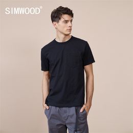 SIMWOOD Summer New Solid Colour T-shirt Men 100% Cotton Letter Embroidery Chest Pockets Tops Plus Size Comfortable Tshirt 210409