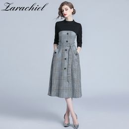 Autumn Winter Korean Women Slim Splice Knit With Belted England Pocket Plaid Medium and Long Term A Line Dress 210416