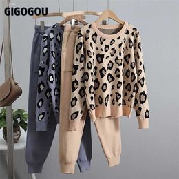 GIGOGOU Autumn Leopard Knitted Women Sets Long Sleeve 2 Piece Set Women's Tracksuit Drawstring Harem Pants Knitted Trouser Suits 211126