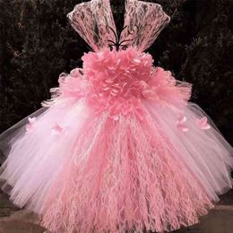 Girls Pink Petals Lace Tutu Dress Kids Flower Dress Ball Gown with Ribbon Bow Children Christmas Wedding Party Costume Dresses 210331