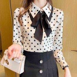 Korean Women Shirts Chiffon Blouses for Polka Dot Woman Long Sleeve Blouse Bow Tie Tops Plus Size 210427