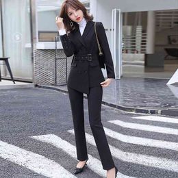 High quality plus size women's professional suit pants two-piece autumn and winter double-breasted female jacket Casual trousers 210527
