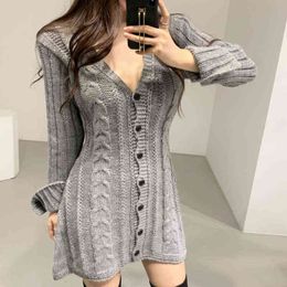 Twisted Knitted Sweater Mini Dress Women V-Neck Single Breasted Party Dress Autumn Winter Long Sleeve Korean Casual Dresses Robe G1214