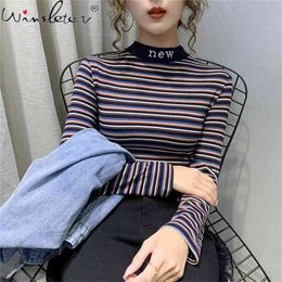 Spring Fall Korean Style Colour Stripe T-Shirt Fashion Mock Neck Women Tops Bottoming Shirt Long Sleeve Cotton Tees T11007A 210421