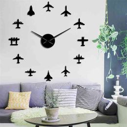 Flying Plane Fighter Jet Modern DIY Giant Wall Clock Acrylic Mirror Surface Sticker Aeroplane Wall Clock Aviator Pilot Home Decor 210401