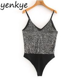 Vintage Patchwork Sequin Bodysuit Women Sleeveless V Neck Sexy Summer Body mujer playsuit Tops XNGC9732 210514