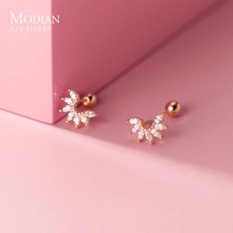 Clear CZ Sweet Lovely Plant Semicircle Flowers 925 Sterling Silver Stud Earring for Women Geometric Ear Pin Fine Jewlery 210707