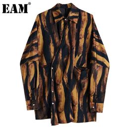 [EAM] Women Big Size Brown Zebra Stripe Blouse New Lapel Long Sleeve Loose Fit Shirt Fashion Tide Spring Autumn 1DD0358 210410