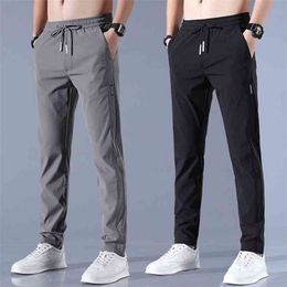 Men's Ice Silk Trousers Solid Colour Mid-Waist Loose Breathable Straight-Leg Casual Pants Thin Quick-Drying Sports 210715
