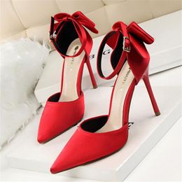 Sweet Beauty Shoes Stiletto High Heel Shallow Mouth Pointed Satin Hollow Rear Bow With A Women's Sandals 34-43