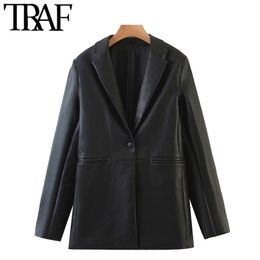 TRAF Women Fashion Faux Leather Single Button Blazers Coat Vintage Long Sleeve Pockets Female Outerwear Chic Tops 210415