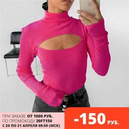 Spring Hollow Out T-shirts Woman Slim Knitted Turtleneck Tops Tee Long Sleeve Sexy Ladies Clothing 210421