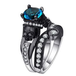 Hainon 2PCS Skull Ring Sets Women Men Punk Jewellery Charm Black/Silver Colour Round Cubic Zirconia Cluster Rings