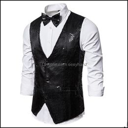 Mens Vests Outerwear & Coats Clothing Apparel Shiny Gold Sequin Glitter Men Vest With Bowtie Slim Fit Nightclub Prom Waistcoat Stage Singer