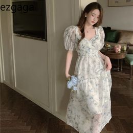 Ezgaga Vintage Floral Printed Dress Women Short Sleeve V-Neck Korean Fashion Chic High Waist See-through Elegant Dress Vestidos 210430