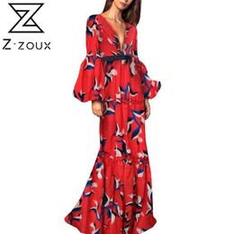 Women Dress V-neck Lantern Sleeve Print Dresses Plus Size Long Vintage Sexy Summer Clothes 210524