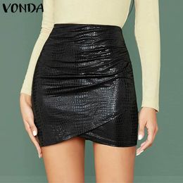 Women's Skirt 2021 Plus Size VONDA Sexy PU High Waist Pencil Evening Party Club Wear Ladies Fashion Bodycon Short Mini Skirt X0428