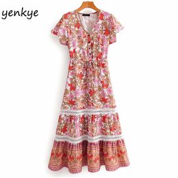 Holiday Boho Summer Dress Women Short Sleeve V Neck Sundress Female Drawstring Waist A-line Casual Long SYJZ560 210514