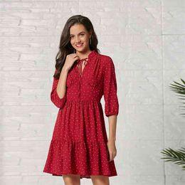 Foridol lace up polka dot summer dress women elegant ladies office red short dress plus size vintage spring dress vestidos 210415