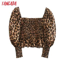 women leopard print crop puff sleeve chic female sexy slim shirt tops 5Z224 210416