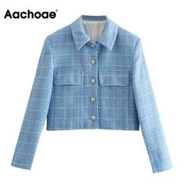 Women Blue Elegant Jacket Spring Autumn Long Sleeve Office Casual Short Coat Turn Down Collar Ladies Tops Outerwear 210413