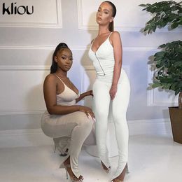 Kliou Zipper Solid Two Piece Set Women Sexy V-Neck Camisole Tops+Pants Matching Sets Stretchy Skinny Female Outfits Y0625