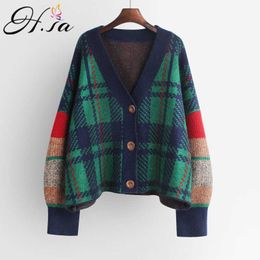 H.SA Women Fall Long Sweater Cardigans Korean Style Casual Jacket Patchwork Knit Coat V Neck Plaid Winter Warm Thick Coat 210716