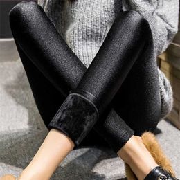 Autumn Winter Thick Leggings Fashion Solid Slim Pants Lady fleece Warm Leggings Casual Black Shiny High Waist Leggings 211117