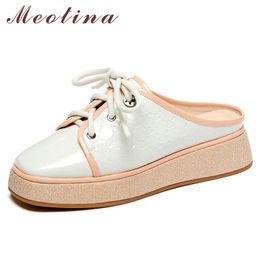 Meotina Leather Mules Women Platform Wedge Shoes Round Toe Casual Sneakers Mid Heel Mules Slip-On Lady Footwear Pink Green Blue 210520