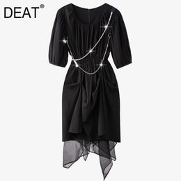 Black Irregular Pearl Chain Decorative Mesh Stitching Bubble Short Sleeve Pleated Waist Dress Women Summer GX1238 210421