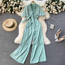 Summer Fashion Temperament Women's Cloak Shawl Short-sleeved Jumpsuit Ladies Wide-leg Pants GL059 210507