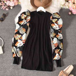 Autumn Product Bubble Shirt Sleeve Stitching Fake Two Piece Slim and Thin Floral Mid-length Dress HK142 210507
