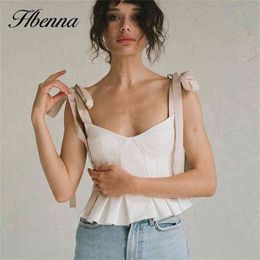 Hbenna Bow Lace up Crop Top Women Elegant V-Neck Ruffles Hem Camis Pink Strap Tank Top Summer White Ruched Sleeveless Top Sexy 210407
