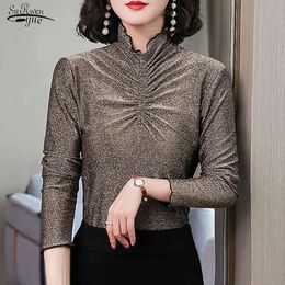 Autumn and Winter Long-Sleeved Bottoming Shirt Gold Silver Silk Pleated Turtleneck Women Mesh Tops Plus Size 4XL 11434 210521