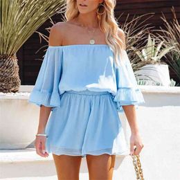 Foridol Off Shoulder Loose Chiffon Rompers Overalls Women Casual Beach Wide Leg Blue Playsuits Plus Size Ruffle Summer Romper 210415