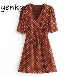 Summer Dress Women Vintage Polka Dot Wrap Chiffon Sweet Lady Cross V Neck Short Sleeve Mini A-line OMZZ6892 210514