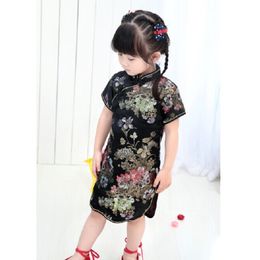 Peony Black Girl Fashion Dress New Year Gift Chinese Qipao For Young Girl 2-16Years Girl Vestidos Children Clothes Top Quality 210413